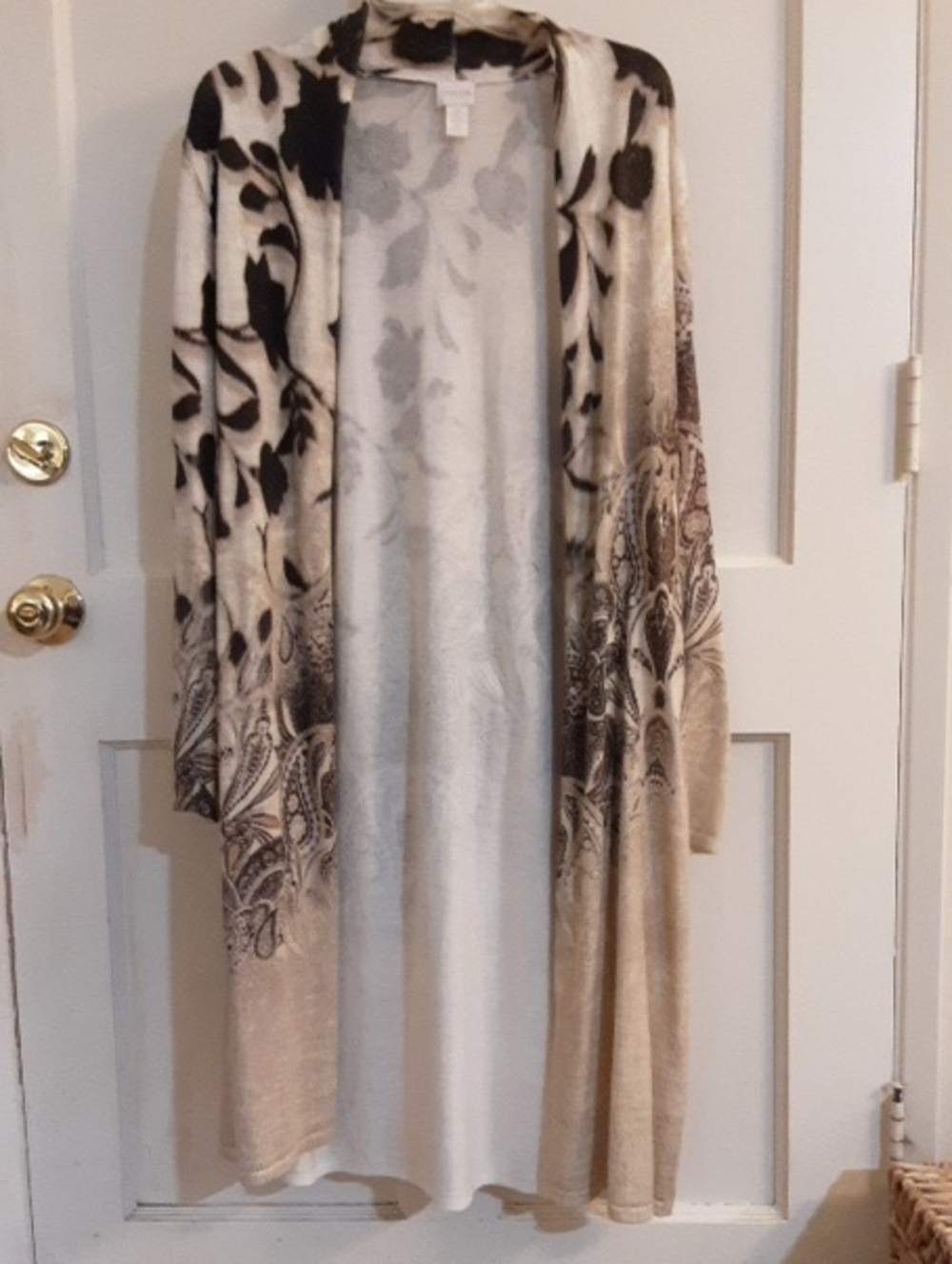 Chico's Beige and Black Floral Open-Front Cardigan